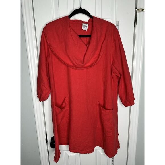 Match Point Linen Medium Cowl Neck Tunic Two Pockets Red Linen Women's USA - Picture 1 of 7